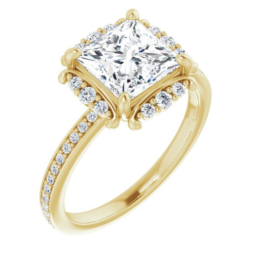 10K Yellow Gold Customizable Princess/Square Cut Style with Halo and Thin Shared Prong Band