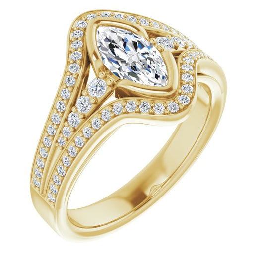 10K Yellow Gold Customizable Cathedral-Bezel Marquise Cut Design with Wide Triple-Split-Pavé Band