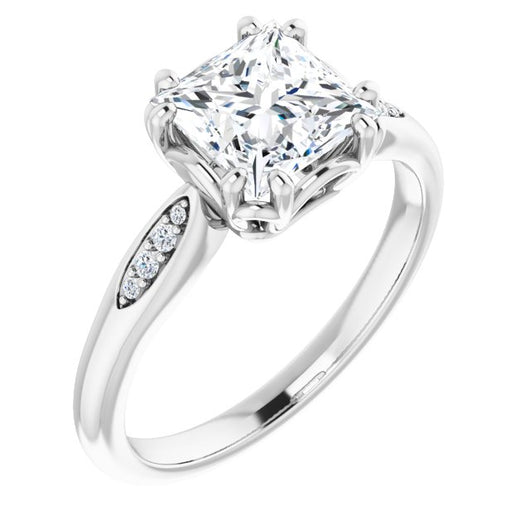 10K White Gold Customizable 9-stone Princess/Square Cut Design with 8-prong Decorative Basket & Round Cut Side Stones