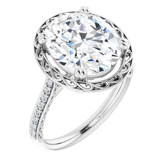 10K White Gold Customizable Oval Cut Halo Design with Filigree and Accented Band