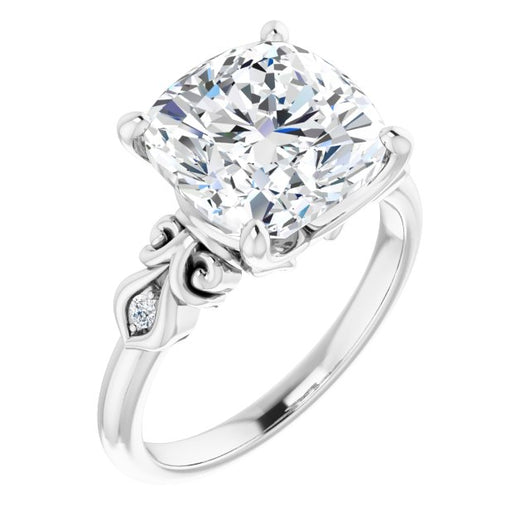 10K White Gold Customizable 3-stone Cushion Cut Design with Small Round Accents and Filigree