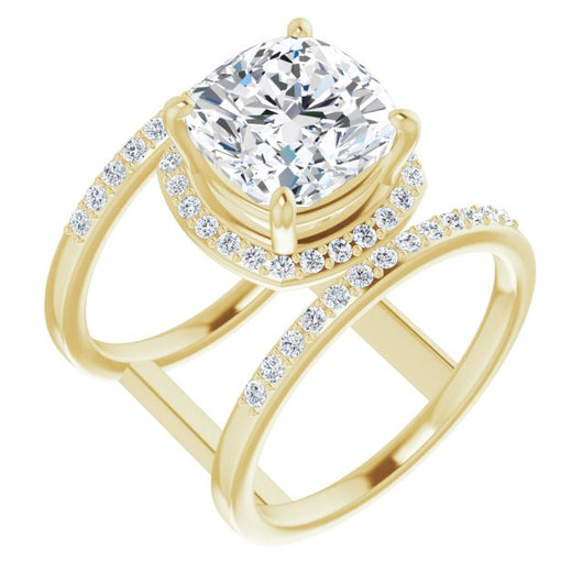 10K Yellow Gold Customizable Cushion Cut Halo Design with Open, Ultrawide Harness Double Pavé Band