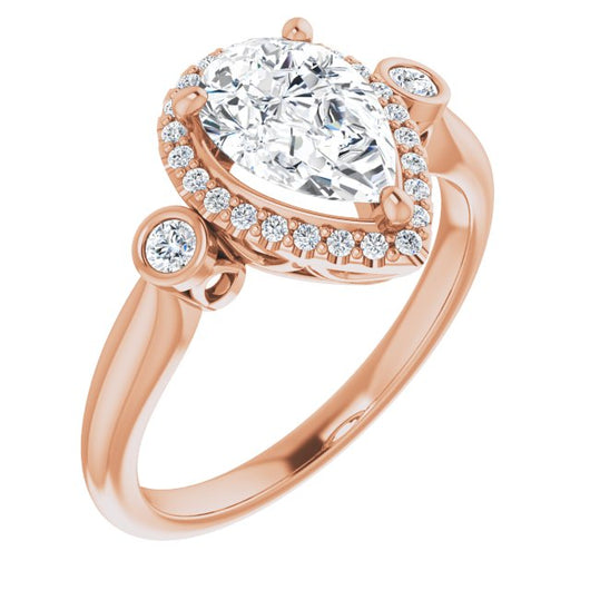 10K Rose Gold Customizable Pear Cut Style with Halo and Twin Round Bezel Accents