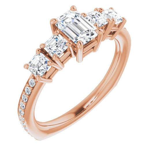 10K Rose Gold Customizable Emerald/Radiant Cut 5-stone Style with Quad Emerald/Radiant Accents plus Shared Prong Band