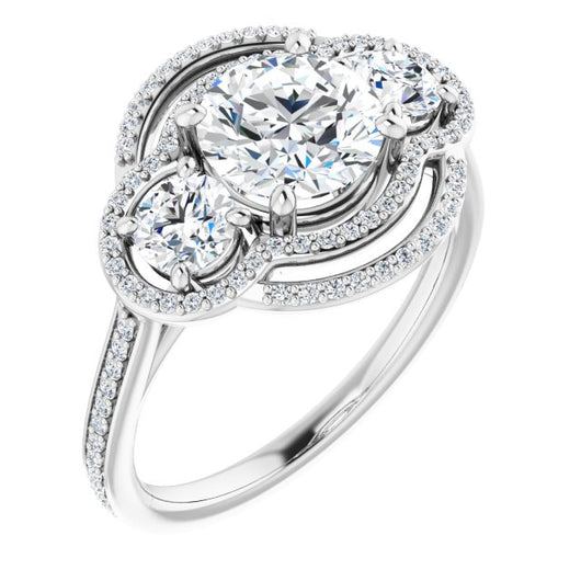 10K White Gold Customizable Enhanced 3-stone Double-Halo Style with Round Cut Center and Thin Band