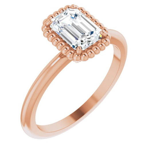 10K Rose Gold Customizable Emerald/Radiant Cut Solitaire with Beaded Metallic Milgrain