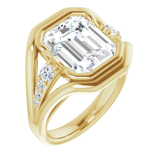 10K Yellow Gold Customizable 9-stone Emerald/Radiant Cut Design with Bezel Center, Wide Band and Round Prong Side Stones