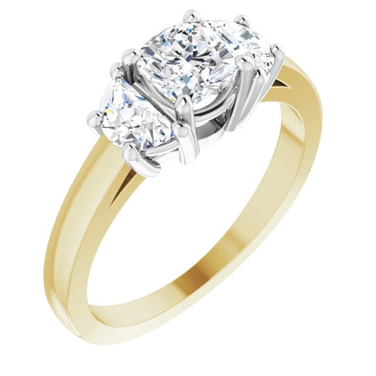 14K Yellow & White Gold Customizable 3-stone Design with Cushion Cut Center and Half-moon Side Stones