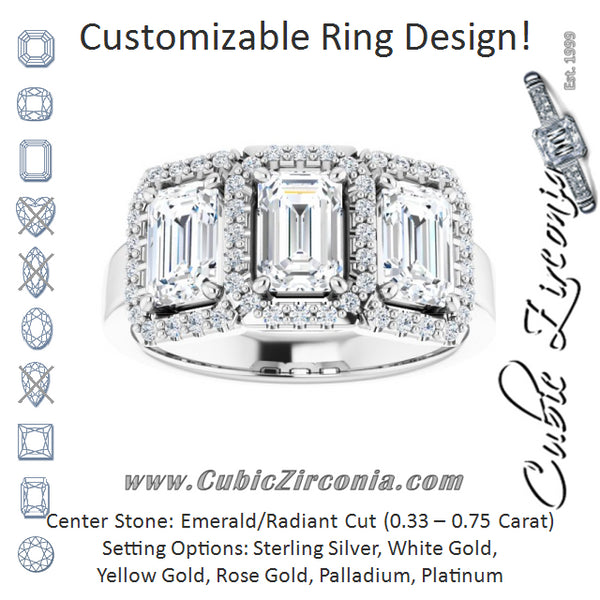 Cubic Zirconia Engagement Ring- The Delores (Customizable Emerald Cut Triple Halo 3-stone Design)