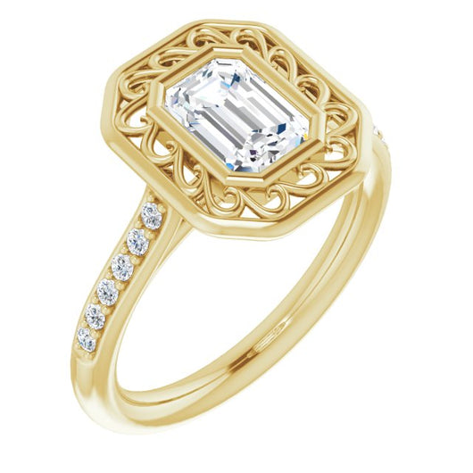 10K Yellow Gold Customizable Cathedral-Bezel Emerald/Radiant Cut Design with Floral Filigree and Thin Shared Prong Band