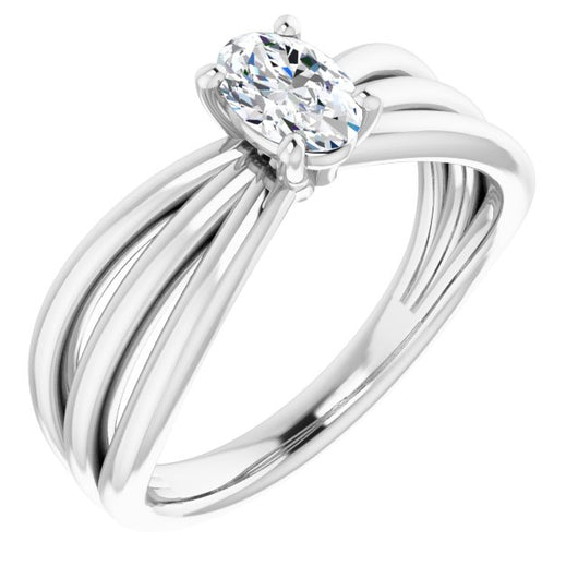 10K White Gold Customizable Oval Cut Solitaire Design with Wide, Ribboned Split-band