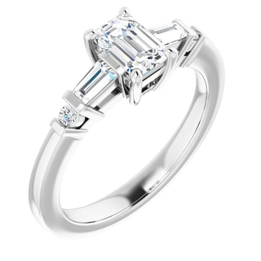 10K White Gold Customizable 5-stone Baguette+Round-Accented Emerald/Radiant Cut Design)