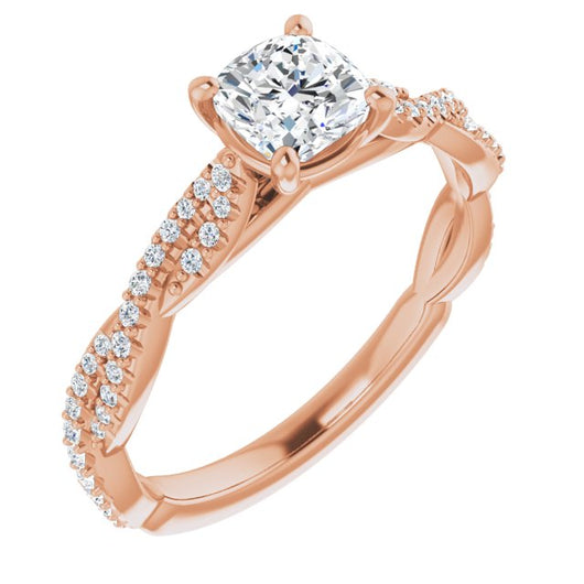 10K Rose Gold Customizable Cushion Cut Style with Thin and Twisted Micropavé Band