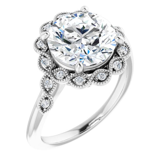 10K White Gold Customizable 3-stone Design with Round Cut Center and Halo Enhancement