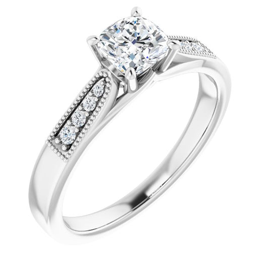 10K White Gold Customizable 9-stone Vintage Design with Cushion Cut Center and Round Band Accents