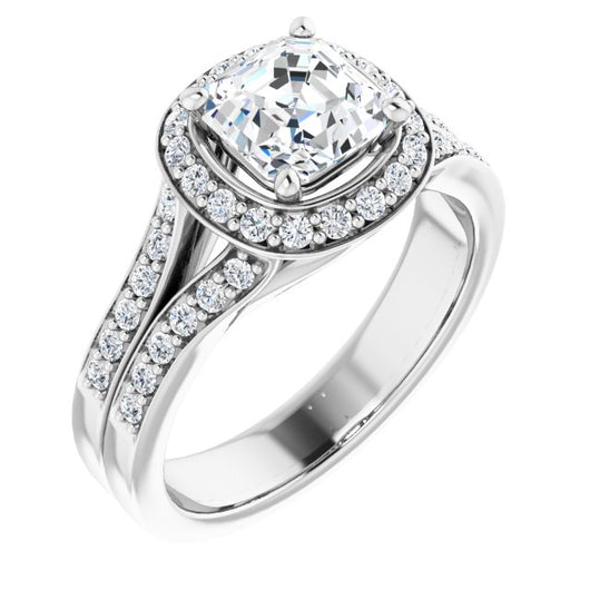 10K White Gold Customizable Asscher Cut Halo Style with Accented Split-Band