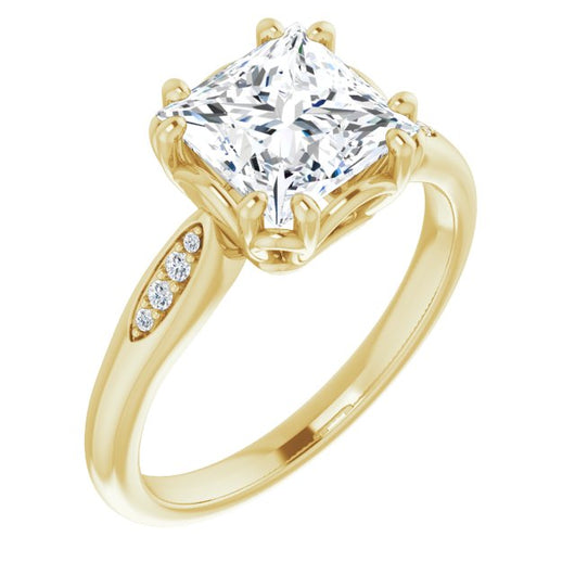 10K Yellow Gold Customizable 9-stone Princess/Square Cut Design with 8-prong Decorative Basket & Round Cut Side Stones