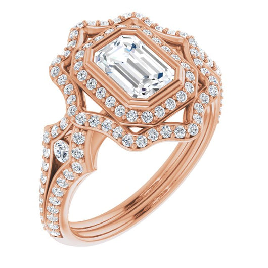 10K Rose Gold Customizable Emerald/Radiant Cut Style with Ultra-wide Pavé Split-Band and Nature-Inspired Double Halo