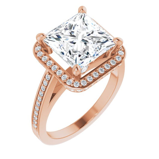 10K Rose Gold Customizable Cathedral-set Princess/Square Cut Design with Halo, Thin Pavé Band & Round-Bezel Peekaboos