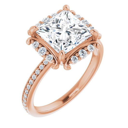 10K Rose Gold Customizable Princess/Square Cut Style with Halo and Thin Shared Prong Band