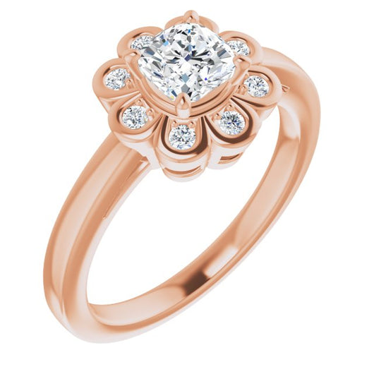 10K Rose Gold Customizable 9-stone Cushion Cut Design with Round Bezel Side Stones