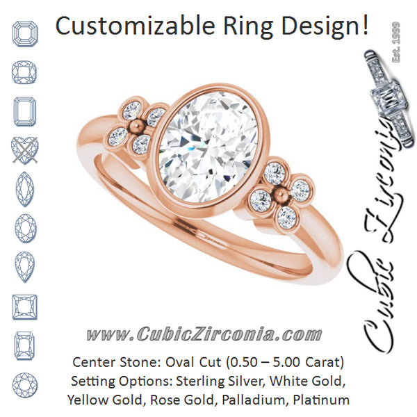 Cubic Zirconia Engagement Ring- The Kjerstin Rose (Customizable 9-stone Bezel-set Oval Cut Design with Quad Round Bezel Side Stones Each Side)