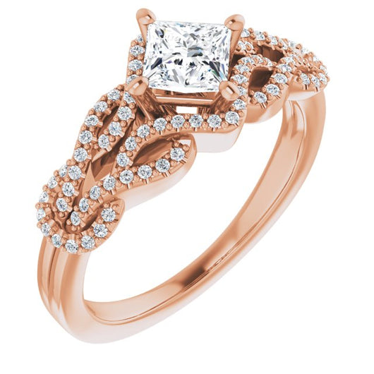 10K Rose Gold Customizable Princess/Square Cut Design with Intricate Over-Under-Around Pavé Accented Band