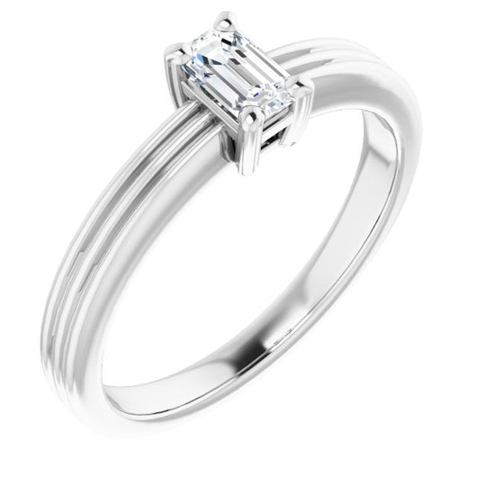 10K White Gold Customizable Emerald/Radiant Cut Solitaire with Double-Grooved Band