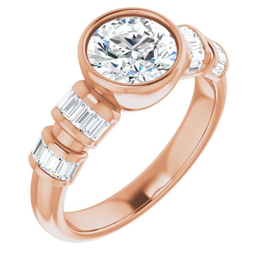 10K Rose Gold Customizable Bezel-set Round Cut Design with Quad Horizontal Band Sleeves of Baguette Accents