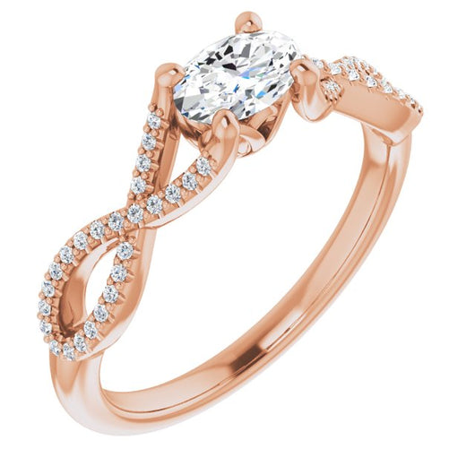 10K Rose Gold Customizable Oval Cut Design with Twisting Infinity-inspired, Pavé Split Band