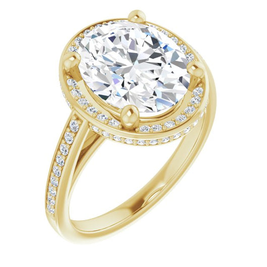 10K Yellow Gold Customizable Cathedral-Halo Oval Cut Design with Under-halo & Shared Prong Band