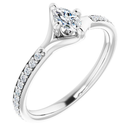 10K White Gold Customizable Marquise Cut Design featuring Thin Band and Shared-Prong Round Accents