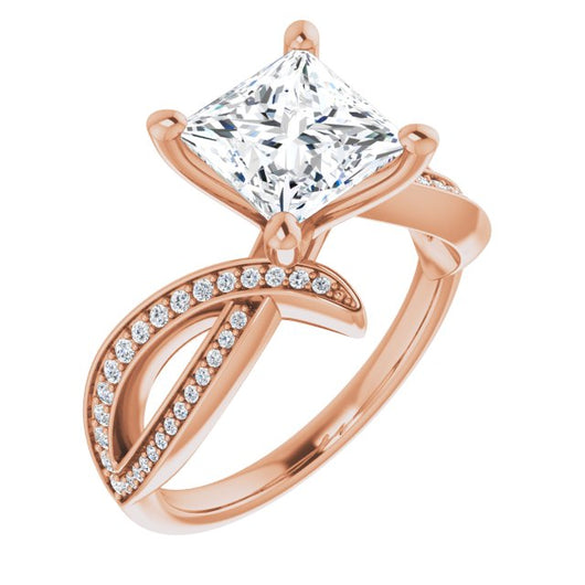 10K Rose Gold Customizable Princess/Square Cut Design with Swooping Pavé Bypass Band