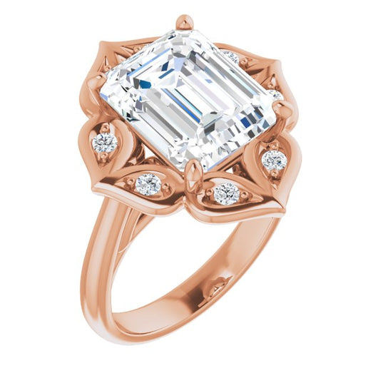 10K Rose Gold Customizable Cathedral-raised Emerald/Radiant Cut Design with Star Halo & Round-Bezel Peekaboo Accents