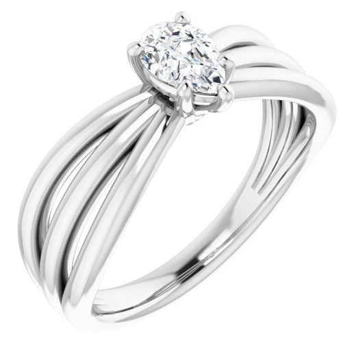 10K White Gold Customizable Pear Cut Solitaire Design with Wide, Ribboned Split-band