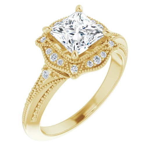 10K Yellow Gold Customizable Vintage Princess/Square Cut Design with Beaded Milgrain and Starburst Semi-Halo