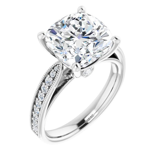 10K White Gold Customizable Cushion Cut Style featuring Milgrained Shared Prong Band & Dual Peekaboos