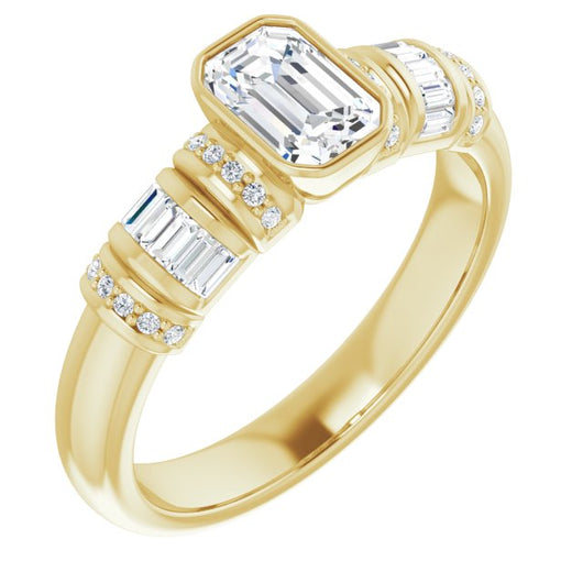 10K Yellow Gold Customizable Bezel-set Emerald/Radiant Cut Setting with Wide Sleeve-Accented Band