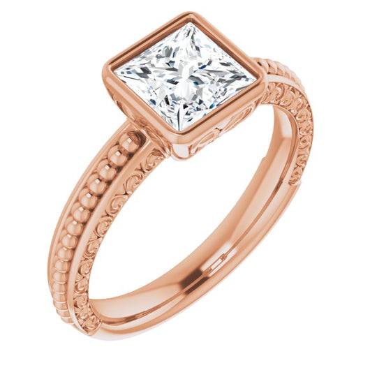 10K Rose Gold Customizable Bezel-set Princess/Square Cut Solitaire with Beaded and Carved Three-sided Band