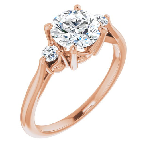 10K Rose Gold Customizable Three-stone Round Cut Design with Small Round Accents and Vintage Trellis/Basket