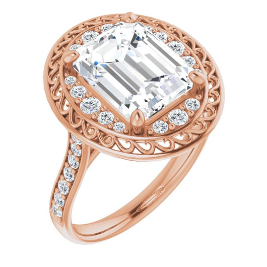 10K Rose Gold Customizable Cathedral-style Emerald/Radiant Cut featuring Cluster Accented Filigree Setting & Shared Prong Band