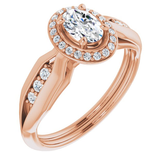 10K Rose Gold Customizable Cathedral-raised Oval Cut Design with Halo and Tri-Cluster Band Accents