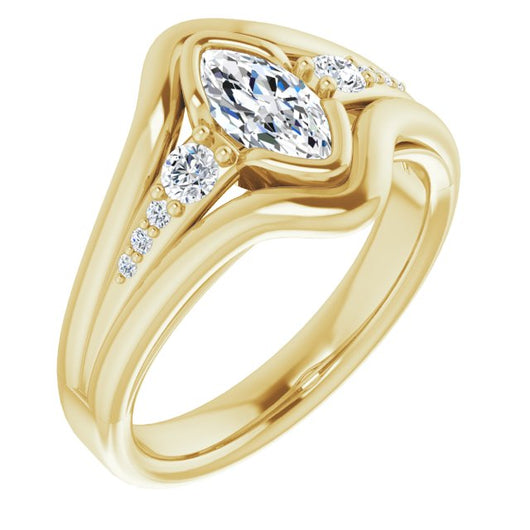 10K Yellow Gold Customizable 9-stone Marquise Cut Design with Bezel Center, Wide Band and Round Prong Side Stones