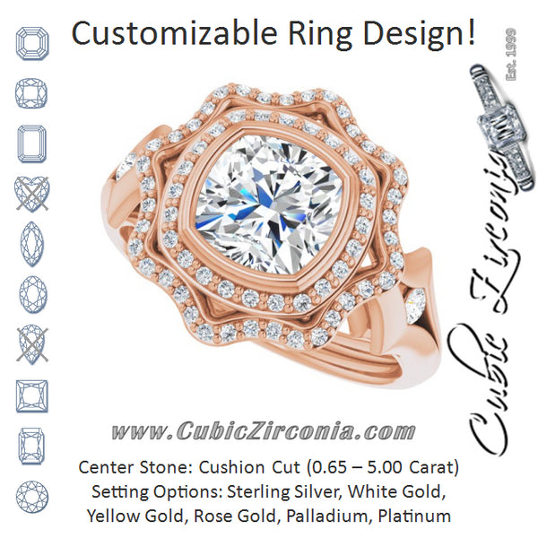 Cubic Zirconia Engagement Ring- The Cyra (Customizable Cathedral-bezel Cushion Cut Design with Floral Double Halo and Channel-Accented Split Band)