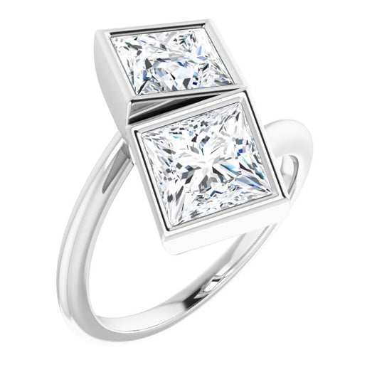 10K White Gold Customizable 2-stone Double Bezel Princess/Square Cut Design with Artisan Bypass Band