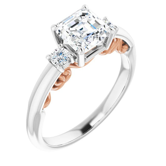 14K White & Rose Gold Customizable Asscher Cut 3-stone Style featuring Heart-Motif Band Enhancement