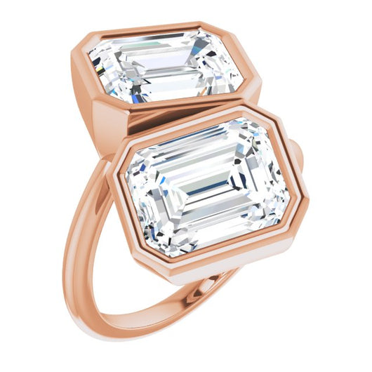 10K Rose Gold Customizable 2-stone Double Bezel Emerald/Radiant Cut Design with Artisan Bypass Band