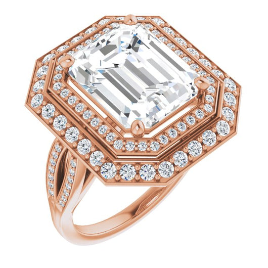 10K Rose Gold Customizable Cathedral-style Emerald/Radiant Cut Design with Double Halo & Split-Pavé Band