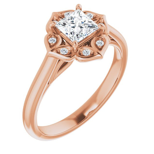 10K Rose Gold Customizable Cathedral-raised Princess/Square Cut Design with Star Halo & Round-Bezel Peekaboo Accents