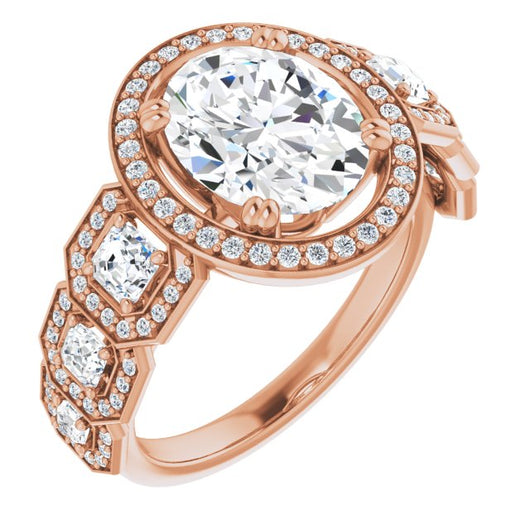 10K Rose Gold Customizable Cathedral-Halo Oval Cut Design with Six Halo-surrounded Asscher Cut Accents and Ultra-wide Band